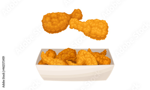 Fried chicken meat set. Tasty crispy wings and legs fast food dish cartoon vector illustration