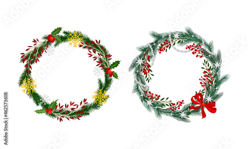 Set of Christmas wreaths decorated with red bow, berries and snowflakes vector illustration