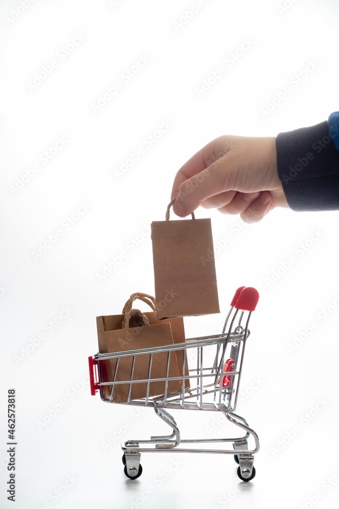 Cart packages, white background. packaging hand.