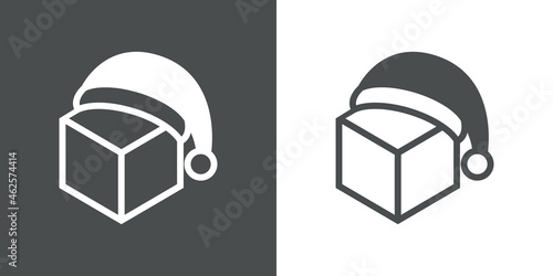 Regalos de Navidad. Logotipo con silueta de caja de regalo con gorro de Papá Noel con lineas en fondo gris y fondo blanco