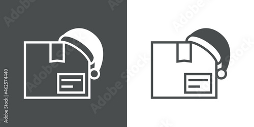 Regalos de Navidad. Logotipo con silueta de caja de regalo con gorro de Papá Noel con lineas en fondo gris y fondo blanco