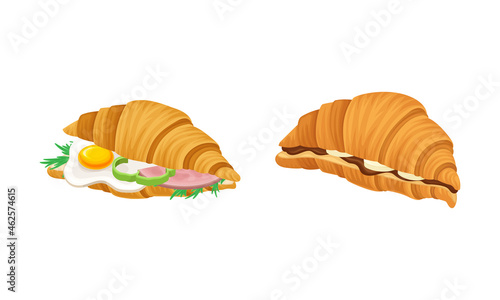 Crunchy croissants with various ingredients set. French croissant with , ham, , cheese, egg, chocolate vector illustration