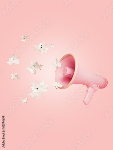 White maple ghost leaves flying out of the megaphone on pastel pink background. Creative Halloween concept. Contemporary scary and spooky holiday idea. October party invitation card with copy space.