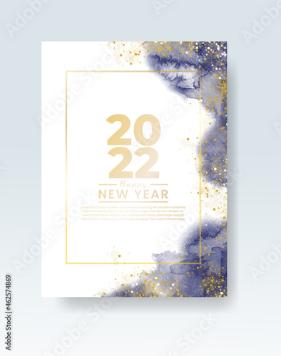 Happy new year 2022 poster or card template with watercolor wash splash 