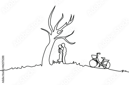 couple in love holding hands under tree. lovers gathered on a hill