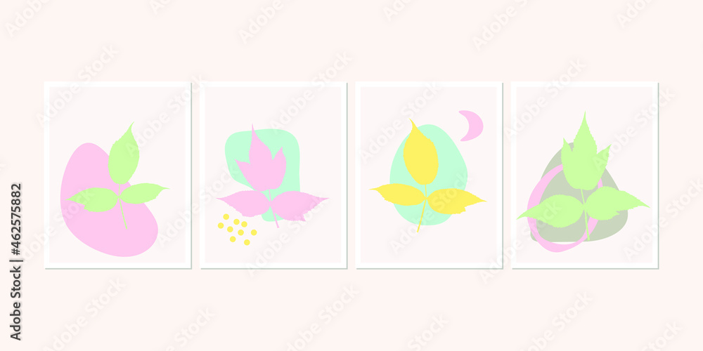 Botanical wall art posters collection. Set of realistic leaves, plants, herbs or flowers with abstract shapes in pastel colors. Artistic nature art. Minimalist modern floral background. Botanical wall art posters collection. Set of realistic leaves, plants, herbs or flowers with abstract shapes in pastel colors. Artistic nature art. Minimalist modern floral background.