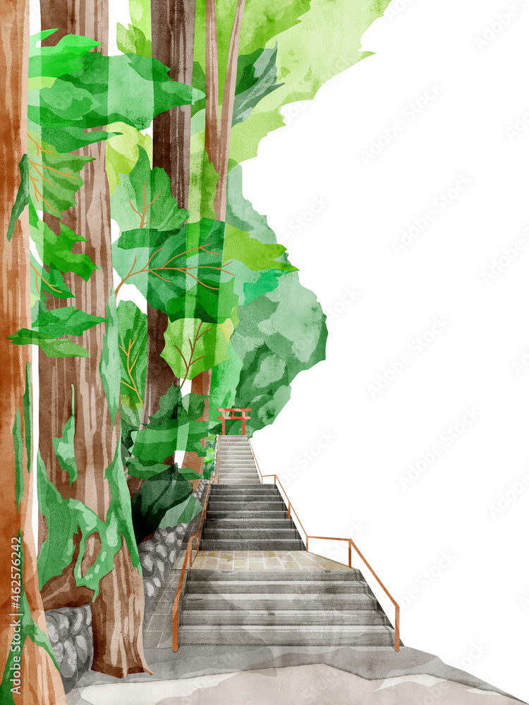 神社の鳥居のある風景手書き水彩風イラスト Stock Illustration Adobe Stock