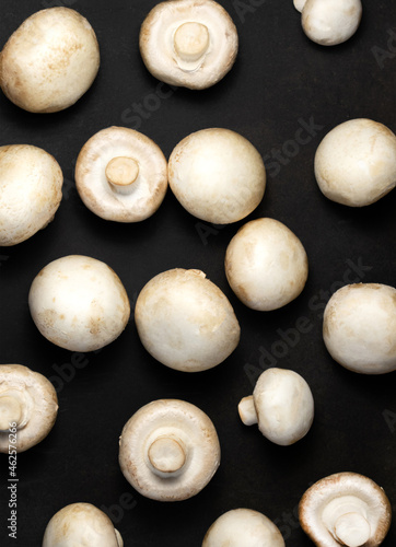 Raw mushrooms champignons on a black background.