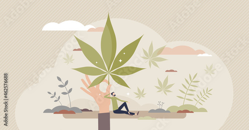 Using hemp as herbal treatment for mental or physical health tiny person concept. Medical marijuana as alternative medicine for human wellbeing and psychological balance. Legal weed commerce industry.