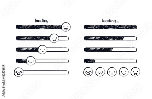 Loading bar emoji. Doodle mood indicator or hand-drawn emoticons ranging from sad to happy. Vector sketch illustration of different levels of loading a web page.