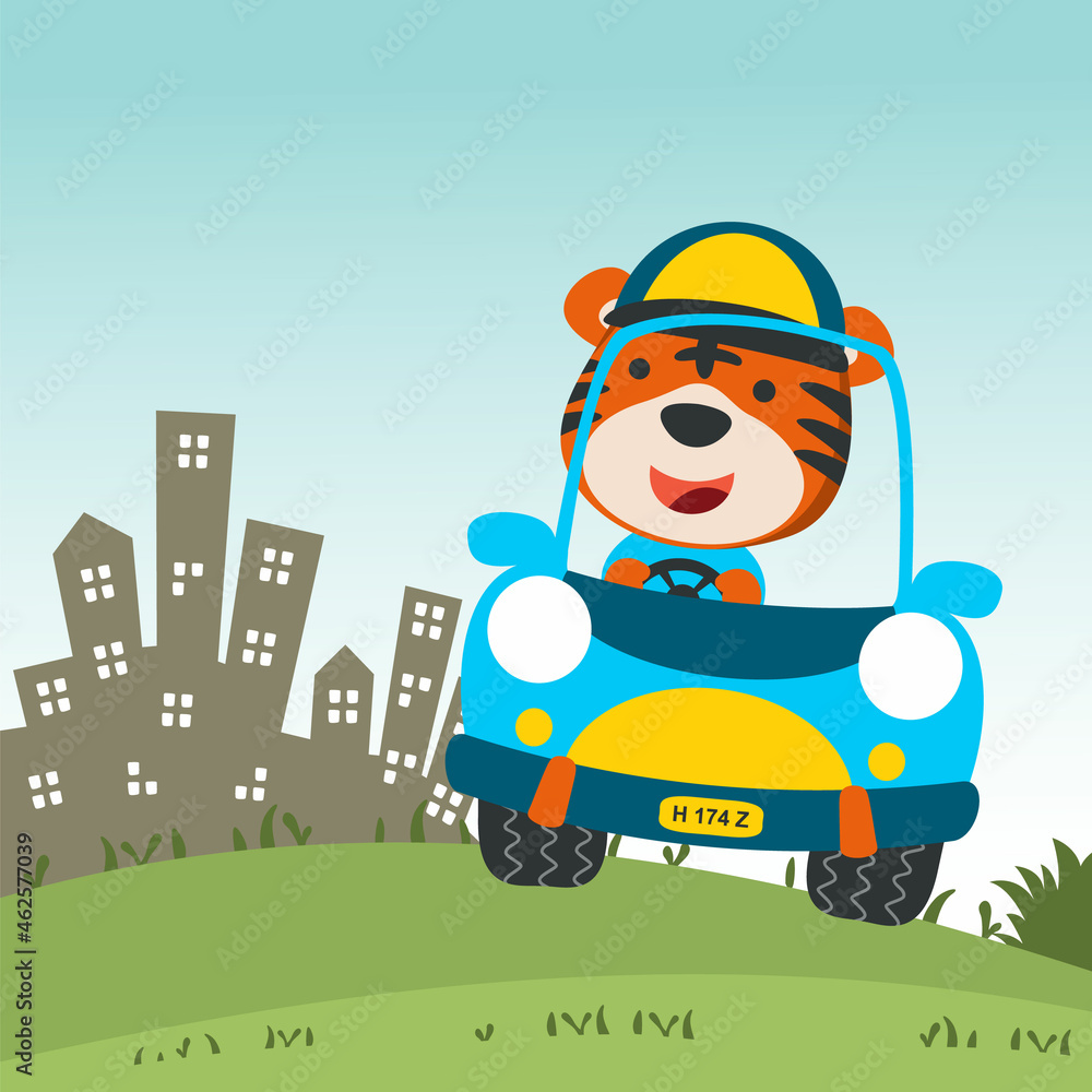 Vector cartoon of funny bear driving car in the road. Can be used for t-shirt printing, children wear fashion designs, baby shower invitation cards and other decoration. Vector cartoon of funny bear driving car in the road. Can be used for t-shirt printing, children wear fashion designs, baby shower invitation cards and other decoration.