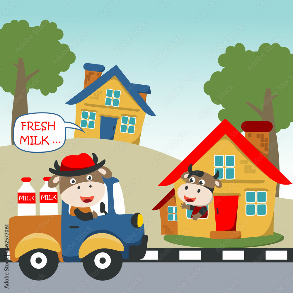 Dairy cow in the truck, vector illustration Can be used for t-shirt print, kids wear fashion design, invitation card. fabric, textile, nursery wallpaper and poster.