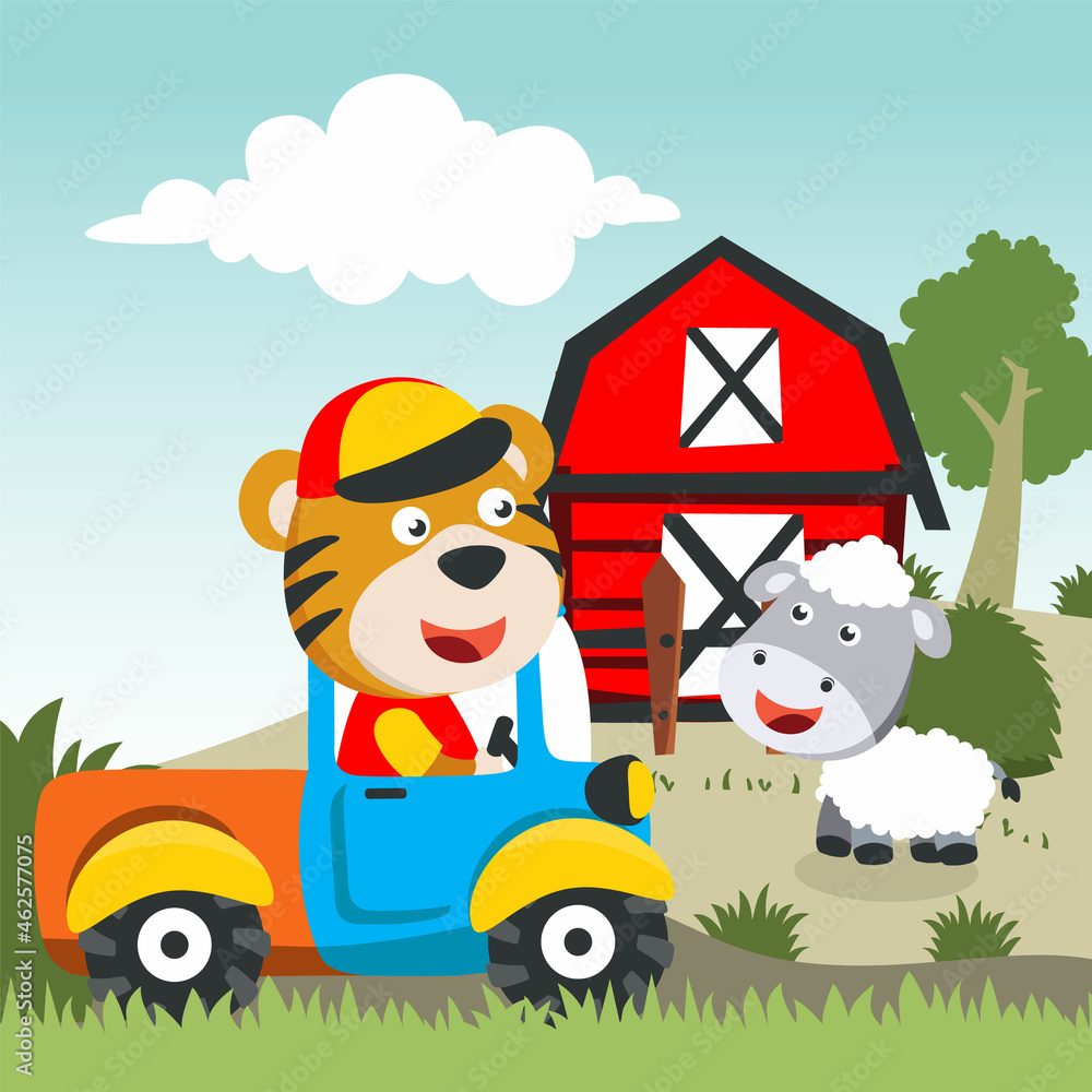 Vector illustration of happy smiling tiger and sheep in the field, Can be used for t-shirt print, kids wear fashion design, invitation card. fabric, textile, nursery wallpaper and poster. Vector illustration of happy smiling tiger and sheep in the field, Can be used for t-shirt print, kids wear fashion design, invitation card. fabric, textile, nursery wallpaper and poster.