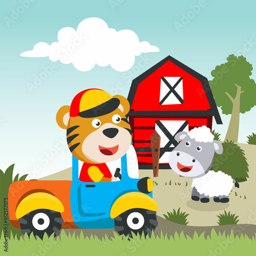 Vector illustration of happy smiling tiger and sheep in the field, Can be used for t-shirt print, kids wear fashion design, invitation card. fabric, textile, nursery wallpaper and poster.
