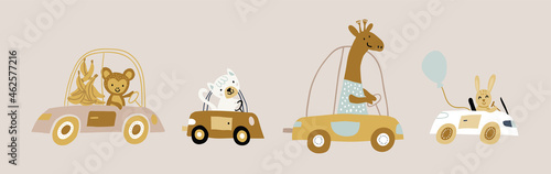 Vector set with cute animals riding the car in colorful flat cartoon style. Doodle animals drivers set. money, cat, giraffe, rabbit in transport isolated