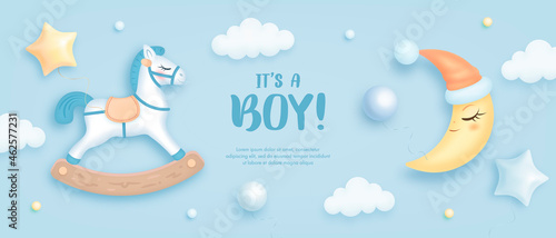 Baby shower horizontal banner with cartoon horse, crescent moon and helium balloons on blue background. It's a boy. Vector illustration