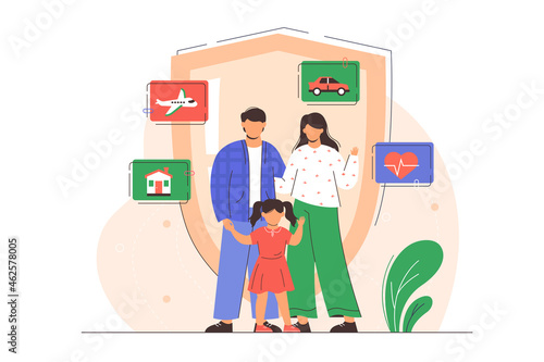 Home, car, travel and health insurance. Flat family with safety shield. Happy parents with children. Protection property and life of characters. Coverage accident and assurance plan concept.