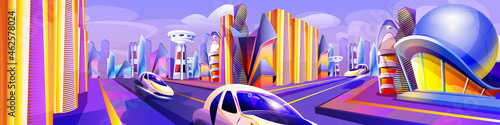 Future city with modern flying cars of unusual shapes. Automobile drive road and futuristic glass buildings. Alien urban architecture skyscrapers or fantasy cityscape cartoon vector illustration.