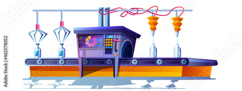 Cartoon conveyor belt with dairy products. Process of automatic pouring milk in glass bottles. Moving transporter production line on modern factory. Robotic equipment in beverage plant.