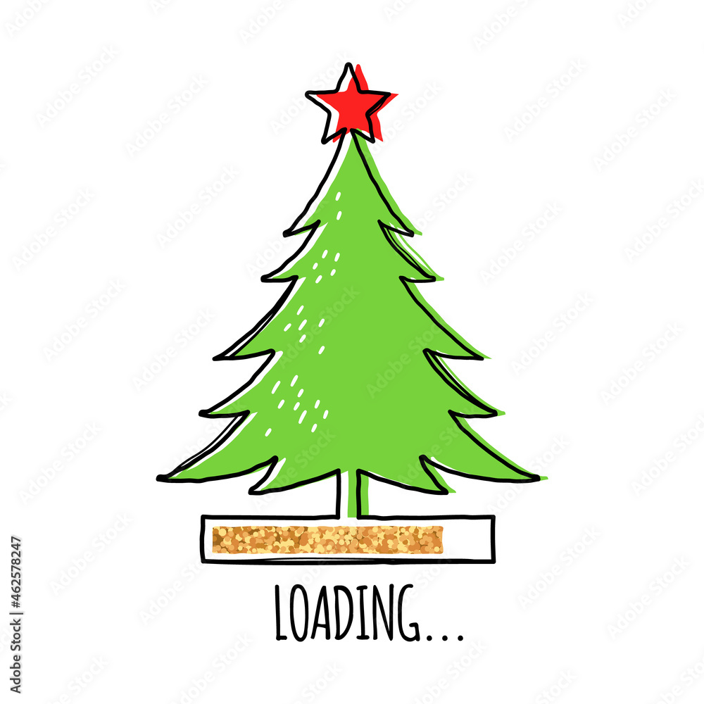 Line Christmas tree with red star on top and golden loading bar