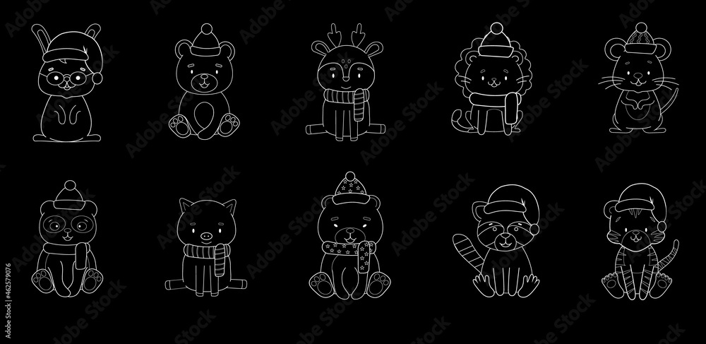 set of cute chalk outline christmas animals