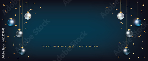 Blue christmas balls background. Hanging blue Xmas decorative bauble on the ribbon. Festive vector realistic decor ornaments