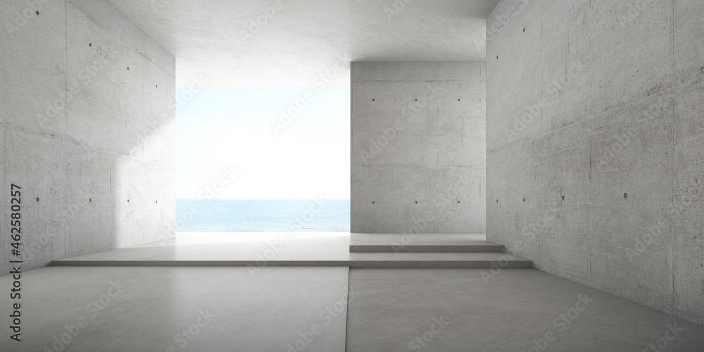 3d render of empty concrete room with large window on the sea background. 3d render of empty concrete room with large window on the sea background.