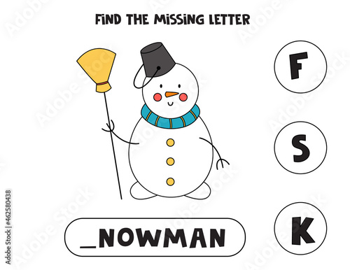 Find missing letter with cartoon snowman. Spelling worksheet.