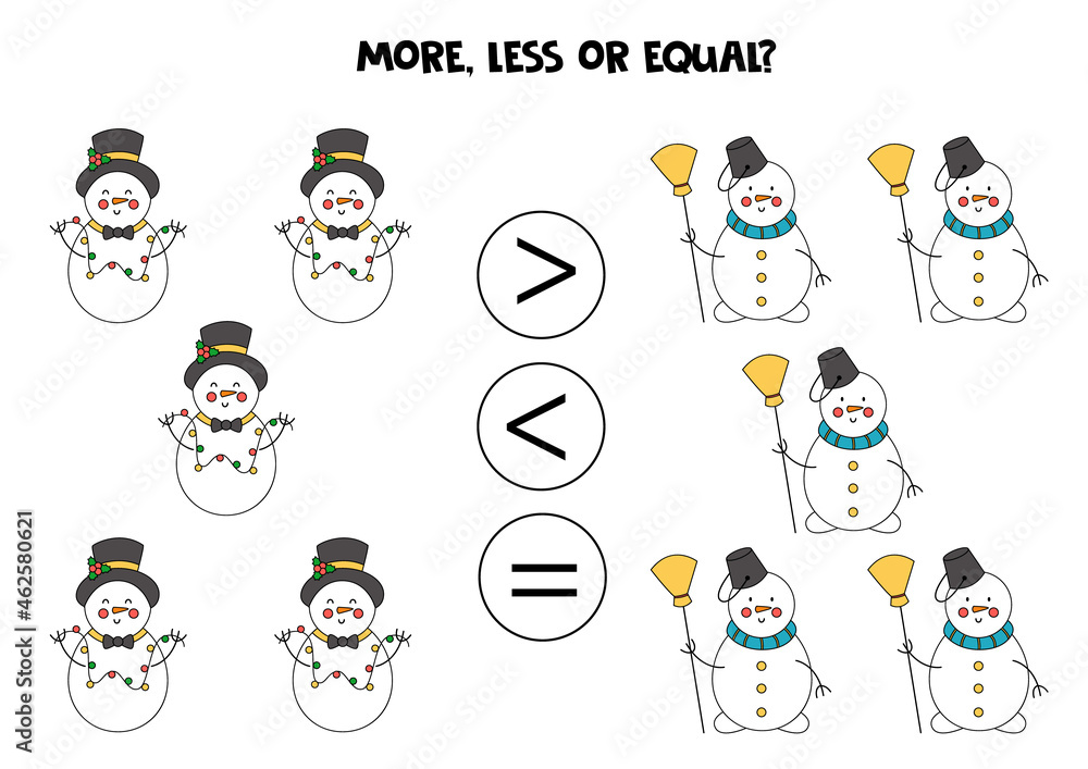 More, less, equal with Christmas snowmen. Math comparison. More, less, equal with Christmas snowmen. Math comparison.