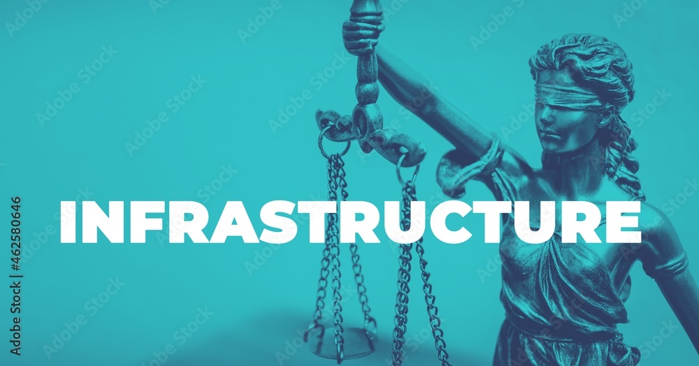 Naklejka premium Infrastructure. Close-up of a Lady Justice Statue. Duotone blue with white text. Law and lawyer symbol.