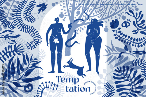 Adam and Eve stylized illustration.