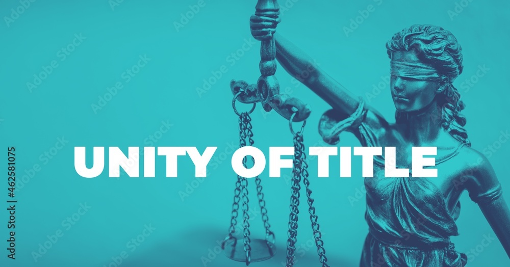 Obraz premium Unity of Title. Close-up of a Lady Justice Statue. Duotone blue with white text. Law and lawyer symbol.