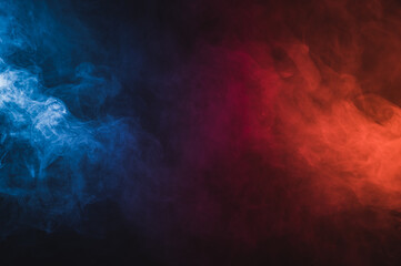 Fog in red blue neon light on black background.