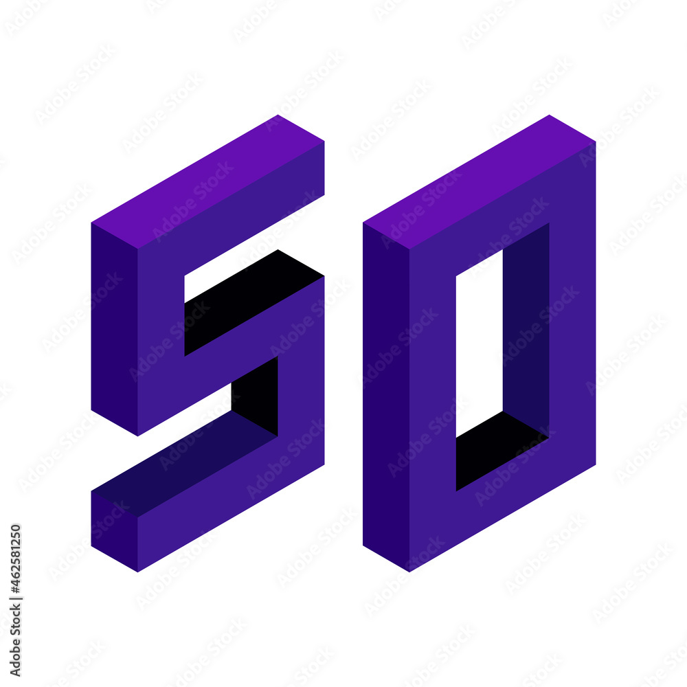 Violet number 50 in isometric style. Isolated on white background. Learning numbers, serial number, price, place. Violet number 50 in isometric style. Isolated on white background. Learning numbers, serial number, price, place.