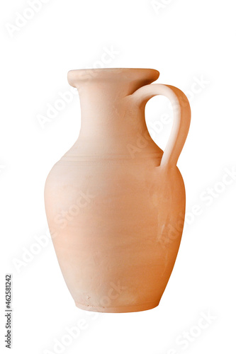 Clay ceramic jug made by hand. Isolated on a white background.
