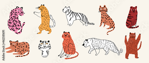 Cute Tiger doodle vector set. Cartoon Tiger characters design collection with flat color in different poses. Happy Chinese new year greeting card 2022 with cute tiger.