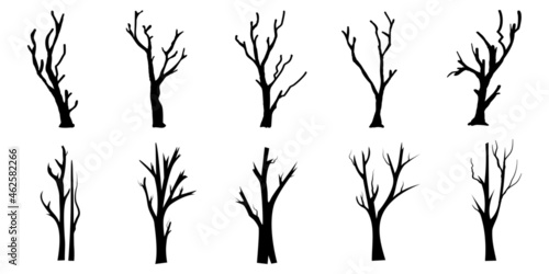 Black Branch Tree or Naked trees silhouettes set. Hand drawn isolated illustrations.