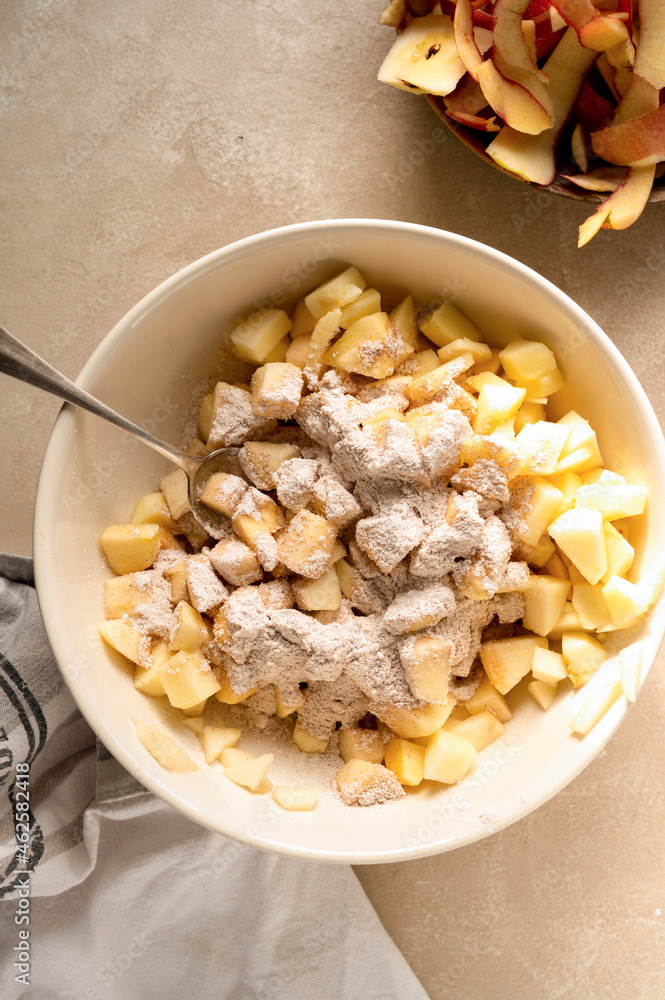 Cutted and peeled apples. Cooking an apple pie or tart. Step by step recipe. Cutted and peeled apples. Cooking an apple pie or tart. Step by step recipe.