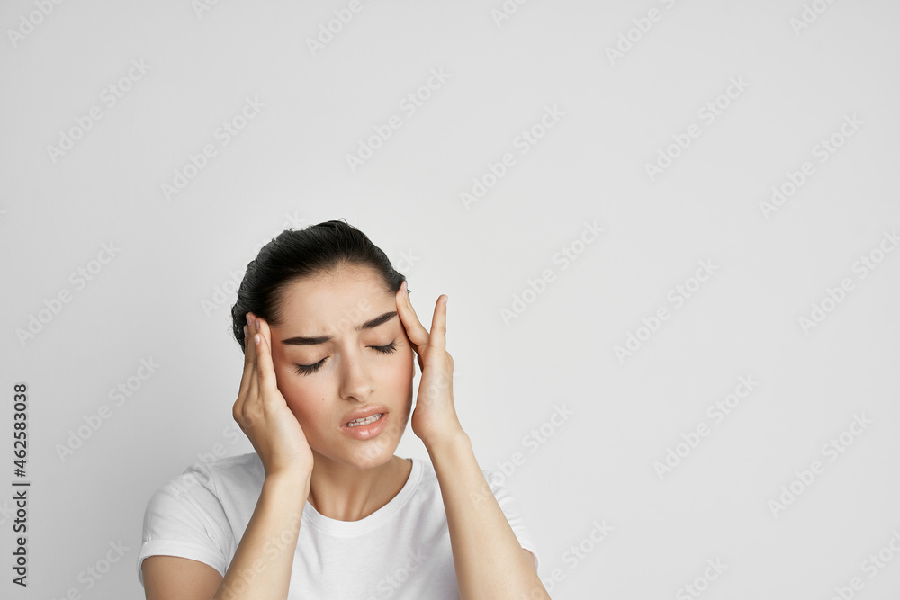 woman with headache health problems emotions Studio woman with headache health problems emotions Studio