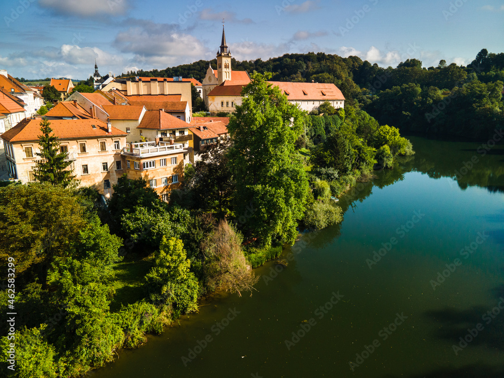 Riverside Old Houses in Novo Mesto at River Krka in Slovenia