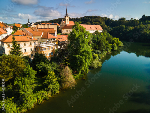 Riverside Old Houses in Novo Mesto at River Krka in Slovenia