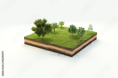 3D cubical garden grass land with trees, soil geology cross section, 3D Illustration ground ecology isolated on white background photo