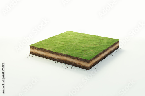 3D cubical beautiful grass land with soil geology cross section, 3D Illustration ground ecology isolated on whit background