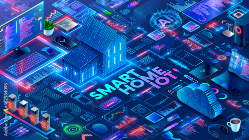 Smart home system with objects automation control through wireless internet 5g. Development and Programming of Intelligence algorithms smart houses. Smart home technology isometric concept.