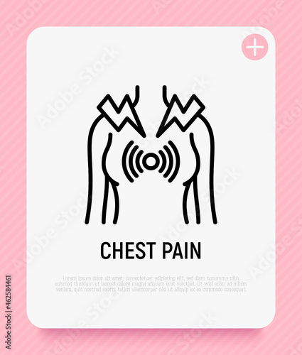 Chest pain thin line icon. Heart attack, bronchitis or asthma. Modern vector illustration.