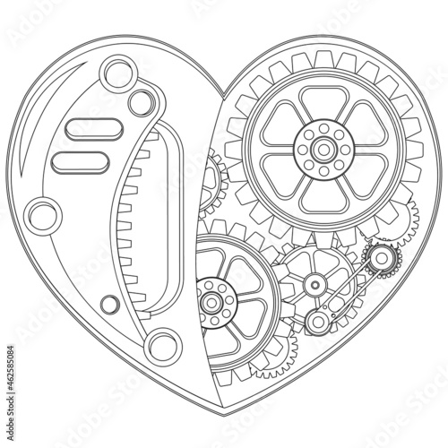 The metal heart of the robot. Vector coloring in steampunk style.