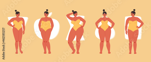 Types of female figures apple, pear. Set of tanned chubby women in swimwear. Triangular, rectangular and hourglass body type. Full beautiful girls with different shapes.
