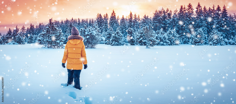 Active woman in the wilderness natural park in winter snowfall. Active woman in the wilderness natural park in winter snowfall.