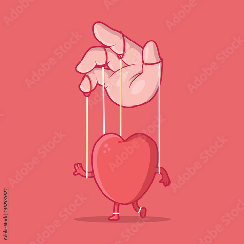 Heart controlled like a marionette vector illustration. Love, valentine, heartbreak design concept.