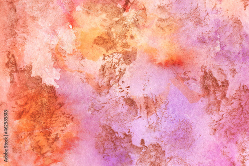 Colorful watercolor texture with golden scuffs. Abstract hand-drawn background in pink, purple and yellow colors.